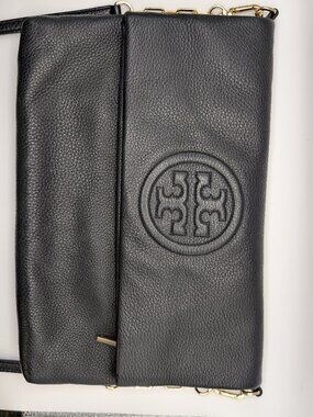 Tory Burch Thea Fold-Over Messenger Bag | Black Pebbled Leather | Gold Hardware